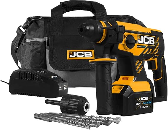 JCB Tools - JCB 20V Cordless Brushless SDS Rotary Impact Hammer Drill Power Tool - With 5.0Ah Battery And Charger - For Concrete, Masonry, Removing Plaster, Chiseling, Electricians Drill, Core Cutting