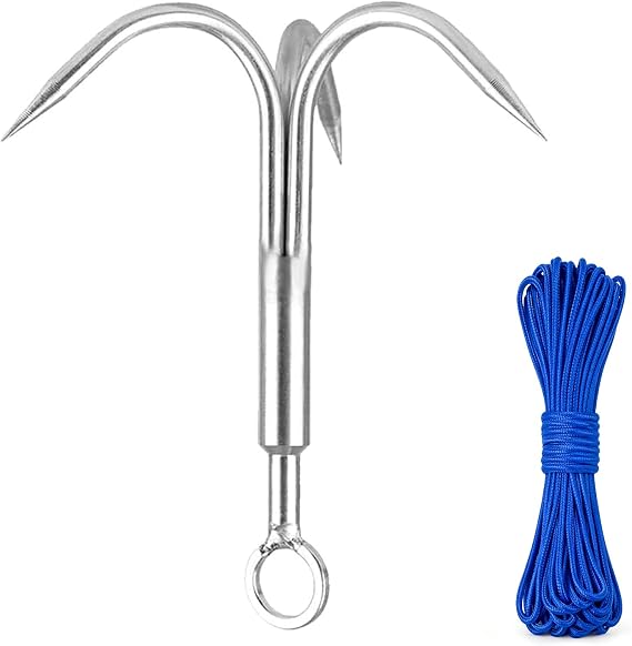 Gaff Hook, Grappling Hook with Rope, Stainless Steel 3-Claw Grapple Hook