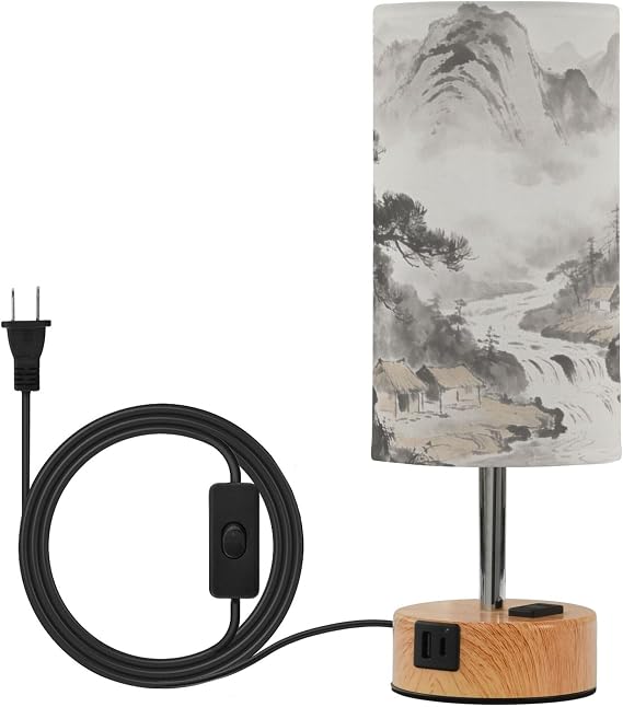 Yuiboo Chinese Landscape Ink Wash Touch Table Lamps Desk Lamps with USB C+A Ports LED Bulb Included for Farmhouse Bedside