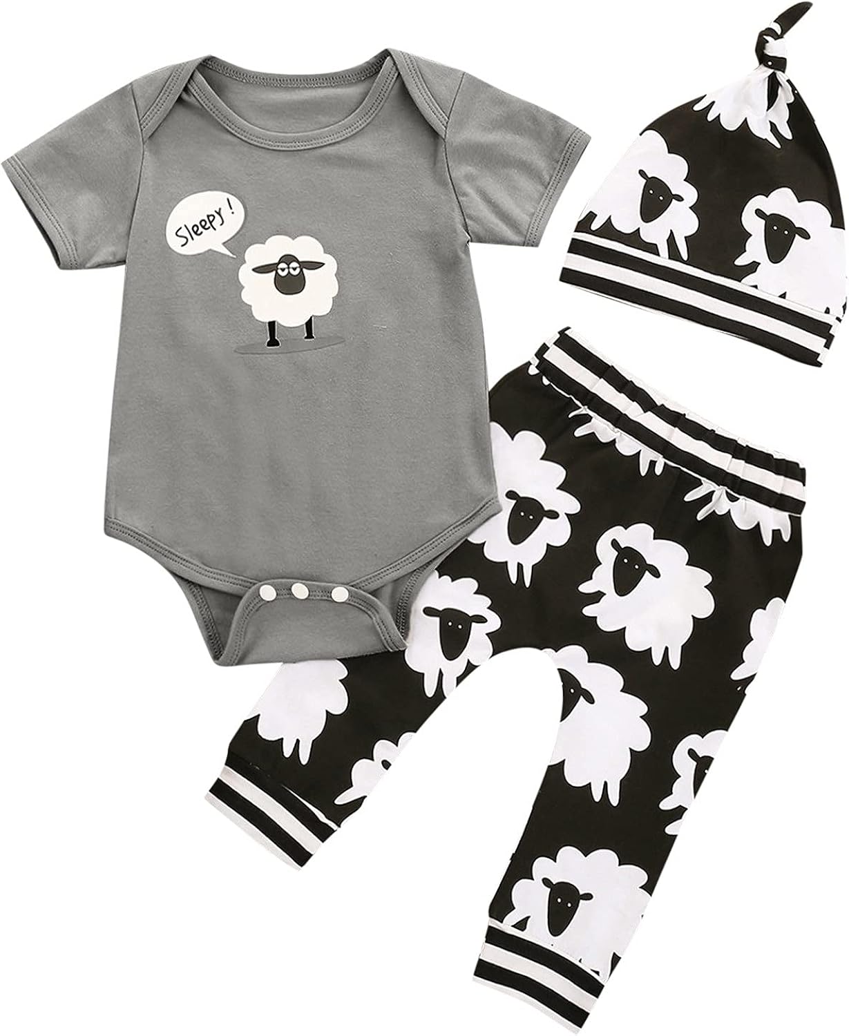 Taccostby Baby Outfits Cartoon Sheep Romper Printed Sheep Pants and Hat 3PCS Outfits Firetruck Clothes