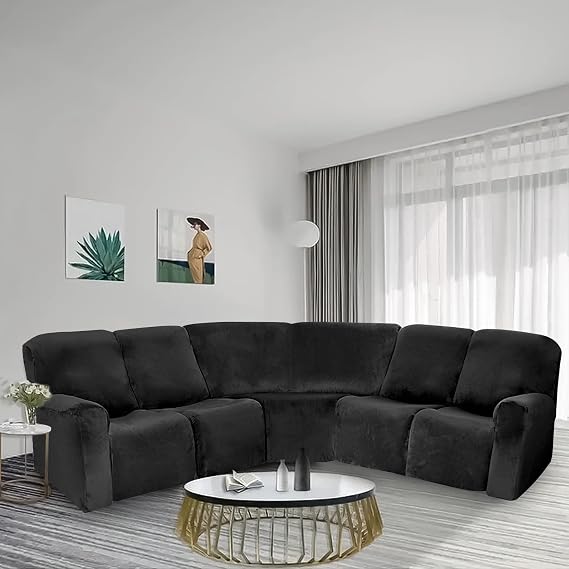LiveGo L Shape Velvet Stretch Recliner Corner Sofa Cover, Corner Sofa Covers for Sectional Sofa Set, for Reclining L Shape Sofa Slipcovers Thick, Soft, Durable Furniture Protector (Black)