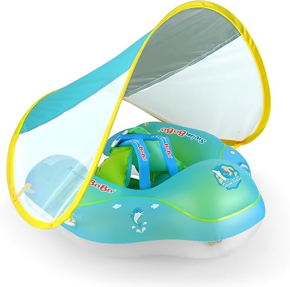Swimbo Baby Floats for Kids Inflatable with Safety Support Bottom Swimming Pool Accessories for 3-36 Months Blue S Blue S X-Large Blue BO1027