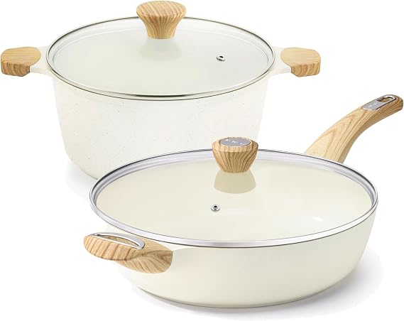 SENSARTE 4.5 Quart Ceramic Nonstick Stock Pot with Lid,Free of Intentionally Added PFAS & PTFE,12 Inch Ceramic Nonstick Frying Skillet with Lid,5 Qt Saute