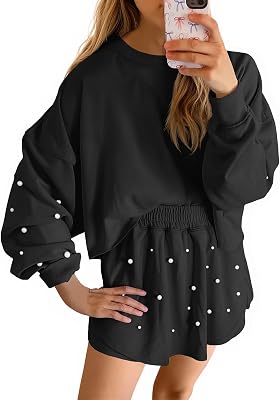 Fisoew Womens Lounge Sets 2 Piece Outfits Decor Pearl Long Sleeve Sweatshirt Skort Skirt Tracksuits Shorts Sets