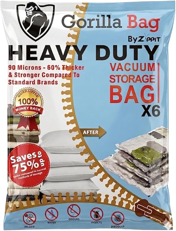 HEAVY DUTY 6 VACUUM STORAGE BAGS by Gorilla Bags. 2 Large (100x80cm), 2 Medium (60x80cm), 2 Small (60x80cm). Double Zip Seal & Unique Turbo Valve Keeps Items Compressed For Longer
