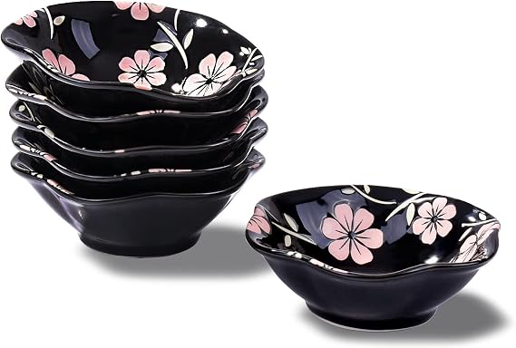 Ceramic Sauce Dish Set of 6, for Sushi, 4'' Black Sakura Small Sushi Bowls