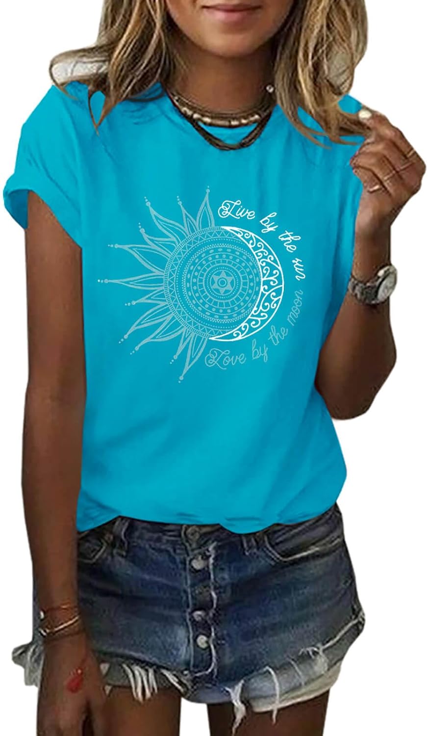 MaQiYa Womens Graphic Tees Summer Vintage Short Sleeve Cotton Moon and Sun Printed T Shirts Tops