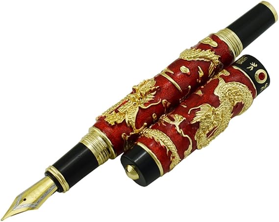 Jinhao Double Dragon Fountain Pen Medium Nib with Ink Refills Converter, Luxury Red Cloisonne Craft Gift Pen