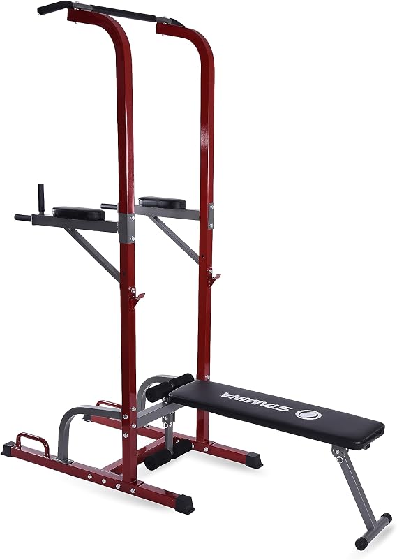 Stamina Full Body Power Tower 735 - Dip Bar with Built-in Bench and Rack - Pull Up Bar Station with Smart Workout App - Dip Bars for Home Workout - Up to 300 lbs Weight Capacity | Dip Bar with Built-in Bench and Rack; Pull Up Bar Station with Smart Workout App; Up to 300 lbs Weight Capacity