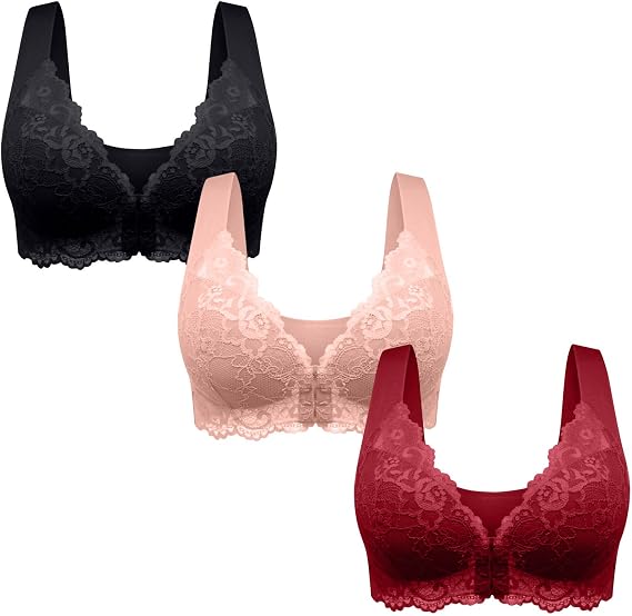 3 Pack Dream of Up Bra Front Clasp Full Coverage Wireless Bras for Women Comfortable Lace Plus Size Bra No Wire