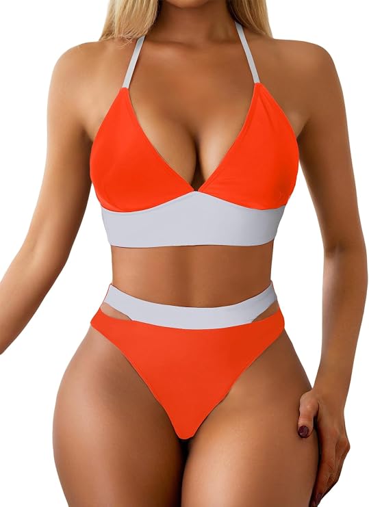 Women's Color Matching Sexy Two-Piece Swimsuit, Waist Cutout Bikini Set