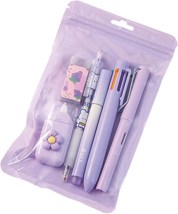 MOZXIRZ 6 Pcs Cute Pink Stationery Set Kawaii School Supplies Office Supplies Women Girls Stationery Kit Including Ballpoint Pens Pencil Highlighter Correction Tape Ruler Eraser (Purple)