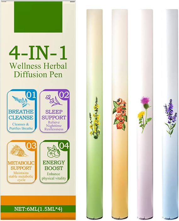 Herbal Blend Diffuser Set,4IN1 Upgraded Dual-Action Herbal Purifier Pens for Sleep Support,Breathe Cleanse and Energy Boost,Herbal Diffuser Pen,Plant-Based Aromatherapy Pen,Pocket-Sized Design