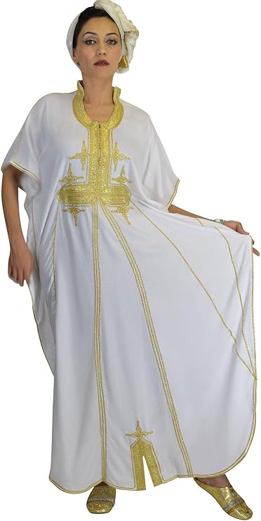 Moroccan Caftans Women Butterfly Hand Made with Gold Embroidery Long One Size White