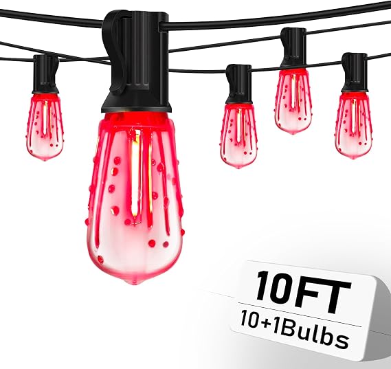 10Ft Halloween LED String Light with Red Blood Tear Drops, Halloween Decorations Lights with 10 ST40 LED Bulbs, Outdoor Spooky Lights for Patio, Balcony, Party Decoration, Black