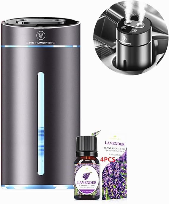 Smart Car Air Freshener, Car Air Freshener Diffuser with Humidifier, Auto On/Off, 3 Mode Adjustable, with 4 Essential Oils(Gun Color)