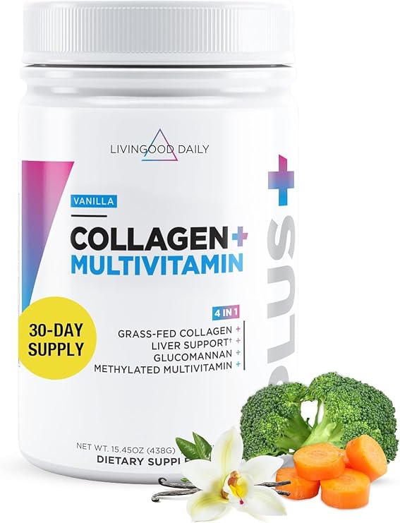Livingood Daily Hydrolyzed Collagen Peptides Powder, Vanilla, 30 Servings | 4-in-1 Grass Fed Collagen I & III, 11g Protein, Multivitamins, Glucomannan, Hair Skin Nails Support, Gluten Free, Made in USA