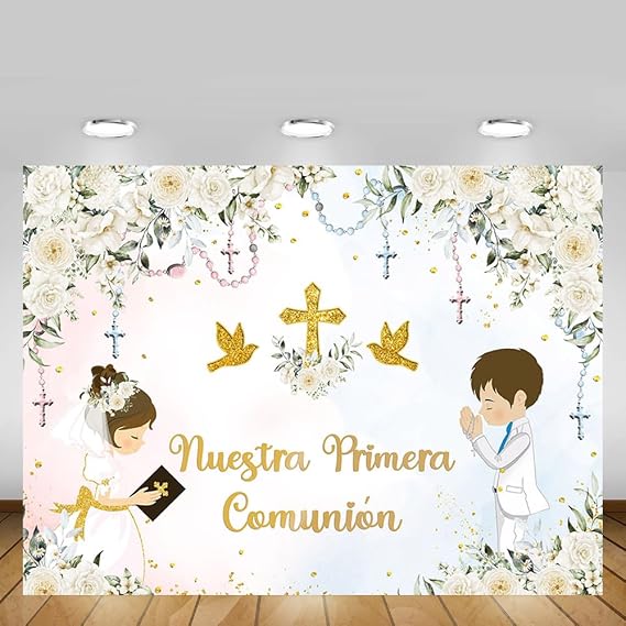 MEHOFOND Floral Nuestra Primera Comunion Baptism Backdrop for Boy and Girl Siblings First Holy Communion Banner God Bless Christening Party Photography Background Banner Sign Photo Booth Props 7x5ft