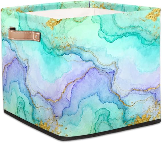 Storage Cubes Bins - Teal Green Marble Foldable Baskets for Blankets, Kids Toys, Clothes, Book, Large Fabric Storage Box with Handles for Home Organizer, 33x33x33cm