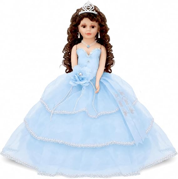 18 Quinceanera Last Doll with Umbrella Dress Stand Ultima Muneca Mis Quince Anos Keepsake, Traditional Hispanic Mis 15 Doll, Ceremony & Table Centerpiece, Full Accessory KB18724-4B (Baby blue)