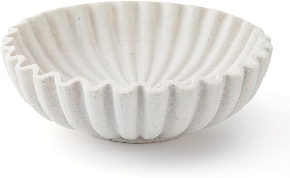 Large Decorative Bowl, Resin Fruit Bowl for Kitchen Counter | Scalloped Ruffle Entryway Bowl, 10 Inch Modern Purse Bowl for Home Decor, Artificial Stone Beige