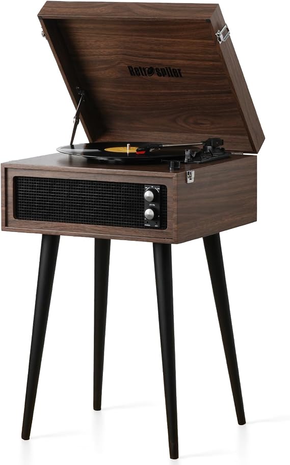 Turntable with Stand, 3 Speed Record Player with Built-in Speakers and Removable Legs, Bluetooth USB Recorder Aux-in, Wood (Espresso)