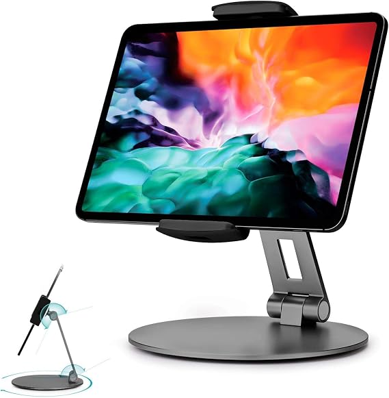 Stouchi 12.9 iPad Stand, 360 Swivel Base Tablet Holder for iPad Pro & Surface Pro, Adjustable Desk Mount Holder for POS Kiosk, Fits 4-14' Tablets - Grey