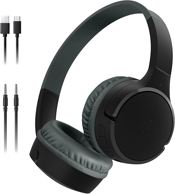 Belkin SoundForm Mini Kids Wireless Headphones (Black) – Built-in Microphone, 30 Hours Playback, Fun Stickers, iPhone, iPad and Galaxy Compatible