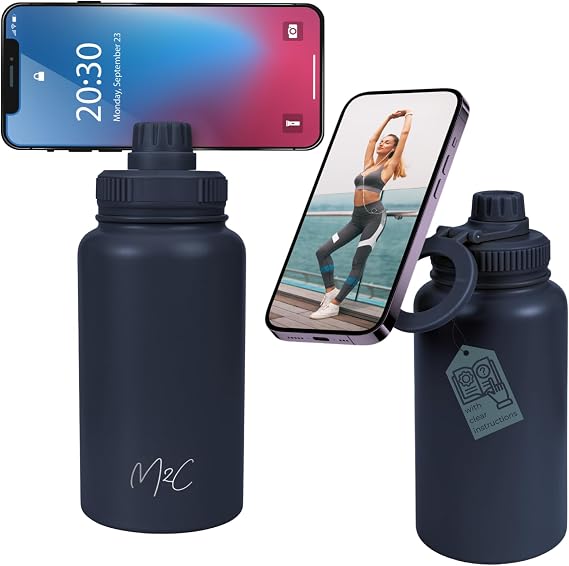 M2C Magnetic Insulated Water Bottle 24oz (Dark Blue), MagSafe Compatible | Leakproof Water Bottle, Magnetic Tumbler with Strong Magnet. Tripod Mount, Phone Holder. Great for Gym, Travel & Outdoor
