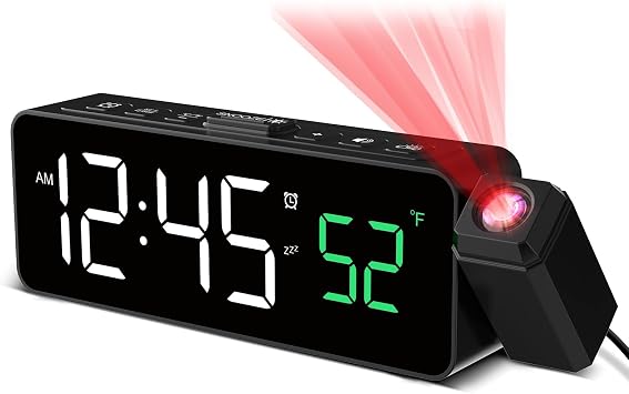 Netzu Projection Alarm Clock for Bedroom Ceiling, Small Compact Plug-in Digital Clocks with 180 Rotatable Projector, Temperature 4 Levels Birghtness, 3 Volumes and Snooze (Black)
