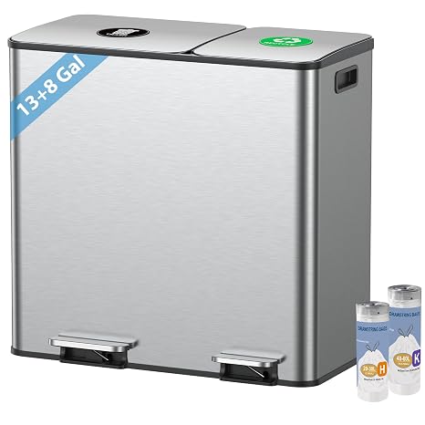 Dual Trash and Recycling Bins for Kitchen, 13+8 Gal Dual Trash Can, Silver