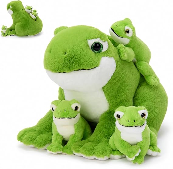MorisMos Big Frog Plush Toy with 3 Baby Frogs Inside – Soft Stuffed Animal Teddy Gift for Kids, Girls & Boys, Cute Green Frog Cushion for Birthday & Christmas (40cm)