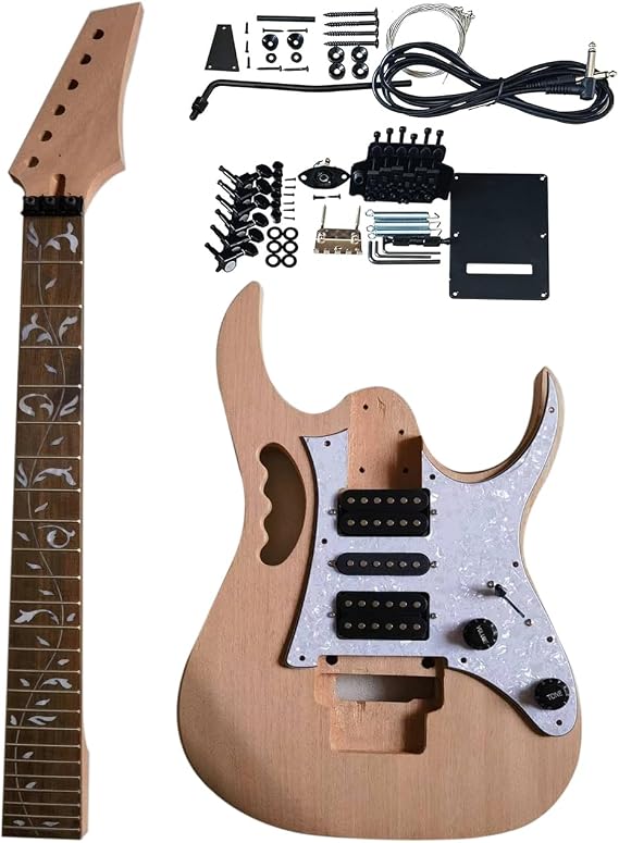 Unfinished DIY Electric Guitar Kit Set Electric Guitar Kits in IBZ Style - Mahogany Body and Neck - Rosewood Fingerboard and All Components Included (QH-7V01)
