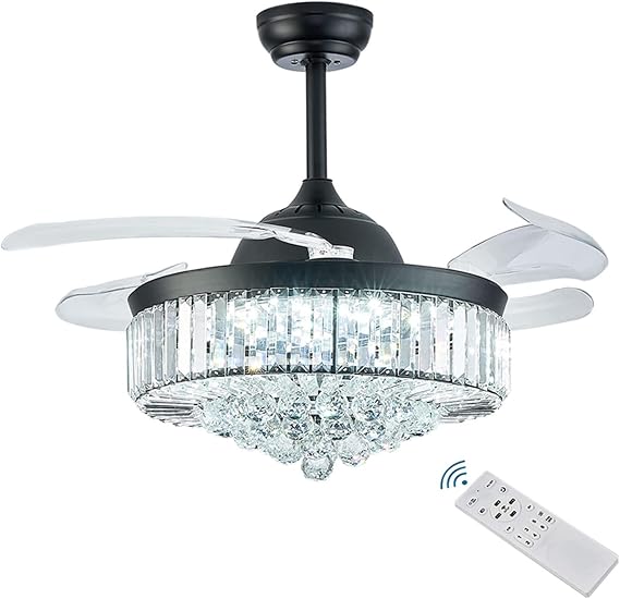 Ceiling Fan Light Chandelier Ceiling Fan Lighting, Crystal Light Dimmable Fandelier with Remote Control, Retractable Blade Comfortable Wind Speed Light(Black) [Energy Class A+]