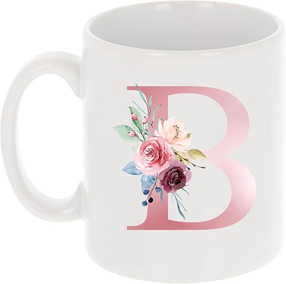 Monogrammed Floral Letter B Ceramic 11 Oz Personalised Mug Pink, Custom Initial Mugs for Women, Bridesmaids, Mums, Birthdays – Stylish Large coffee cup, Tea, Hot Chocolate, Office or Home Use