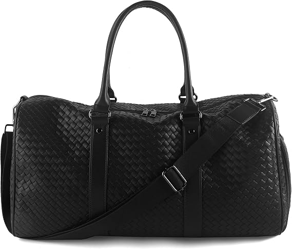 Weekender Bags for Women Woven Leather Travel Duffle Bag Gym Tote (Black) | Carry On Bag for Men with Shoe Compartment Dry and Wet Separation