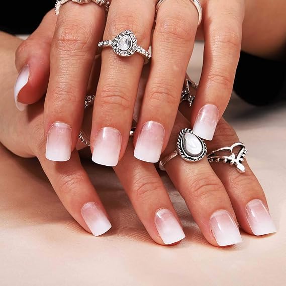 Square Press on Nails White Ombre Nails Short Fake Nails Gradient False Nails Tips Daily Office Finger Wear Natural Full Cover Clip on Nails for Women and Girls(24Pcs) (Ombre White)1