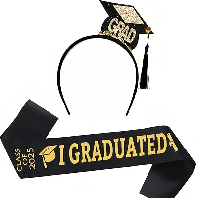 2PCS Graduation Headband And Sash Mini Bachelor Hat Headband Glitter Letter Grad Shoulder Straps Cap Hairband