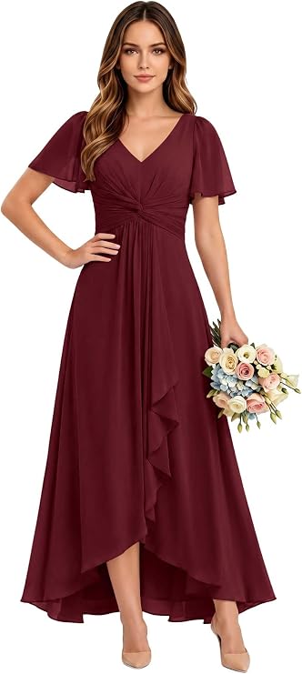 Women's Chiffon Bridesmaid Dresses with Sleeve Hi-Lo A-Line Formal Evening Gown