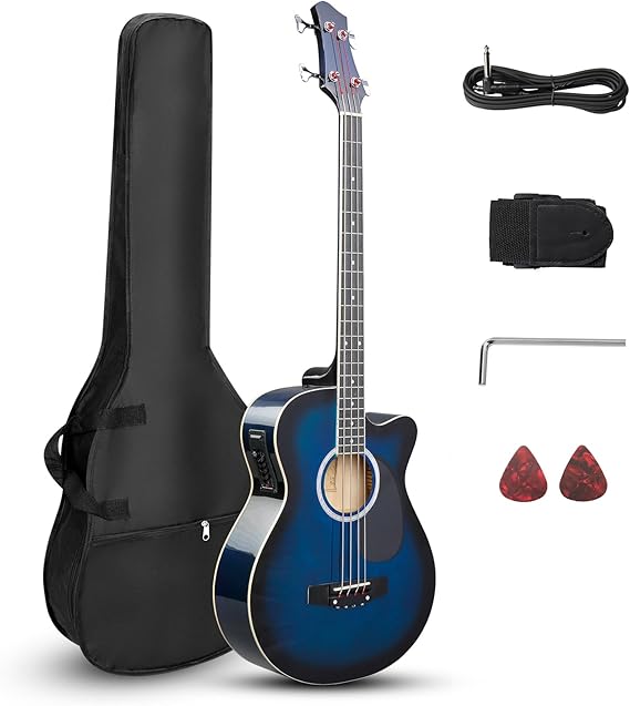 Ktaxon 4 String Acoustic Bass Guitar, Full Size Bass Guitar Kit, Blue