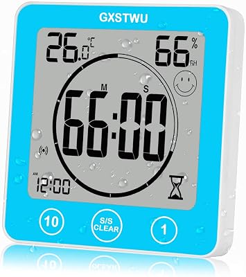 Digital Shower Clock, Bathroom Timer Clock, Waterproof for Water Spray, Count Up Count Down Alarm, Touch Screen Timer, Temperature Humidity, Wall Clock Magnet, Suction Cup, Hanging, Stand Blue
