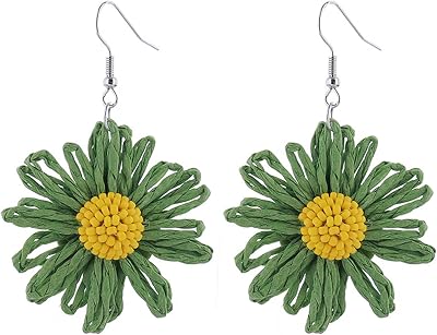 Dreuyet Handmade Braid Bohemian Daisy Flower Shape Dangle Earrings for Women Colorful Raffia Flower Earring Summer Vacation Jewelry