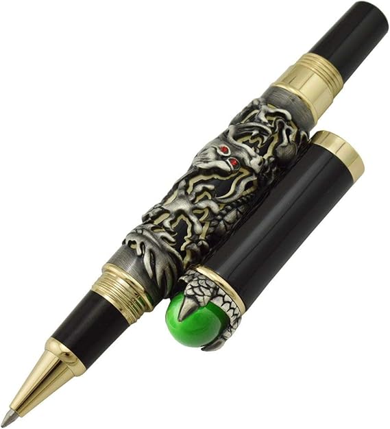 Jinhao Gray Dragon Playing Pearl Roller Ball Pen with Jewelry on Top with Pen Pouch for Journal Writing,Travel Diary