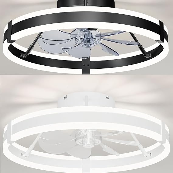 Low Profile Bladeless Ceiling Fan with Lights & Remote - 19.7" Flush Mount Fandelier Light Fan for Bedroom/Kitchen