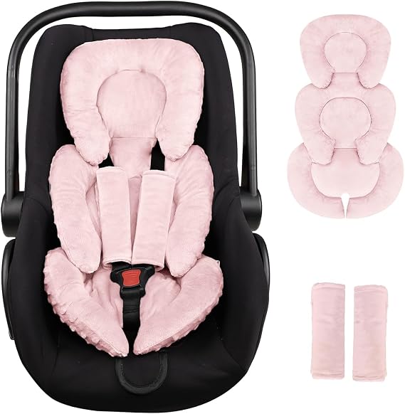 Infant Car Seat Insert Head and Body Support, GFU Reversible Newborn Insert for Carseat with Strap Pads, Soft Stroller Cushion Pillow Insert for Boys and Girls, Fits for Stroller, Swing, Pink