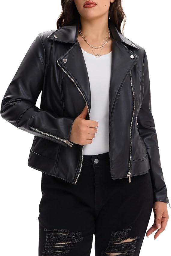 Womens Faux Leather Motorcycle Jackets Classical Black PU Slim Short Biker Coats