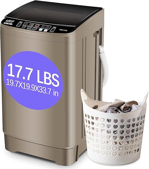 KRIB BLING Full-Automatic Washing Machine with Drain Pump, 17.7 lbs Compact Washer, 10 Wash Program & 8 Water Level, Ideal for Apartment, Dorm, RV, Gold (KB02-GOLD6)