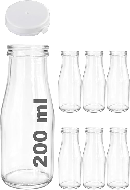 200 ml Şeffaf Şişe Süt, Ayran, Su, Limonata, Meşrubat Şişesi 200 Cc Yırtmalı Kapaklı Cam Şişe 6 Adet (6, Beyaz Kilitli Kapak, 200)