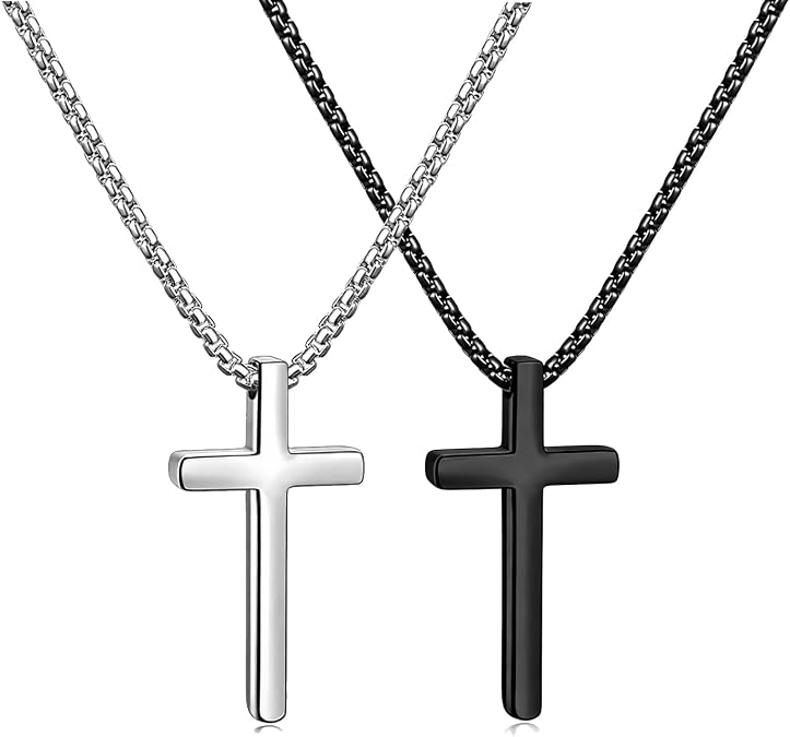 Meetuo 2 Pcs Cross Necklace for Men, Silver and Black High Polished Shinny Cross Necklaces Stainless Steel Cross Pendant Chain, Box Chain