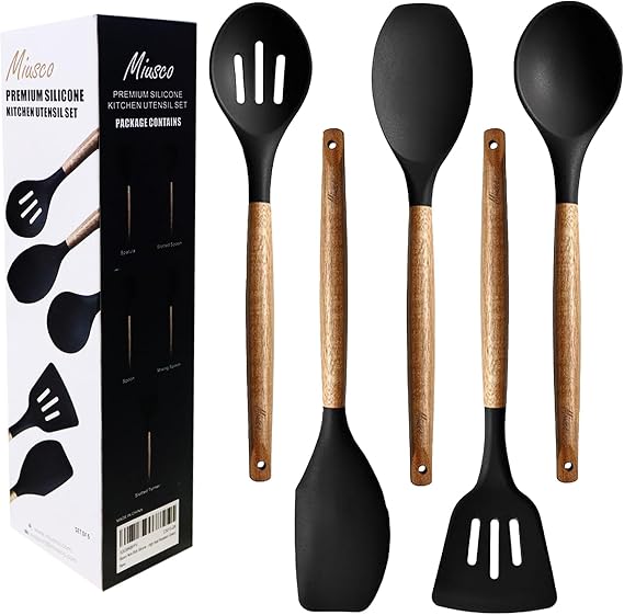 Kitchen Utensils Set, Silicone Cooking Utensils Set,Non-Stick Silicone Spatula Set with Natural Acacia Hard Wood Handle, 5 Piece, Upgraded Thickened Cookware